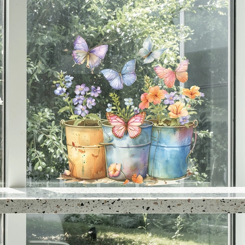 Aquarell Schmetterling Blumentopf Fensteraufkleber PVC Statisch Haftend Dekoratives Glas Tattoo Für Wohnzimmer Heimverschönerung