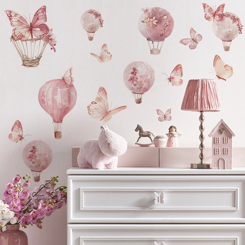 Stickers Muraux Aquarelle Montgolfière Rose Papillon Pour Enfants PVC Autocollant Décoration Maison Murales De Rêve