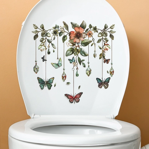 Groene Plant Bladeren Vlinders Bloem Toilet Sticker PVC Decoratieve Waterdichte Wandsticker Voor Badkamer Huis Decoratie