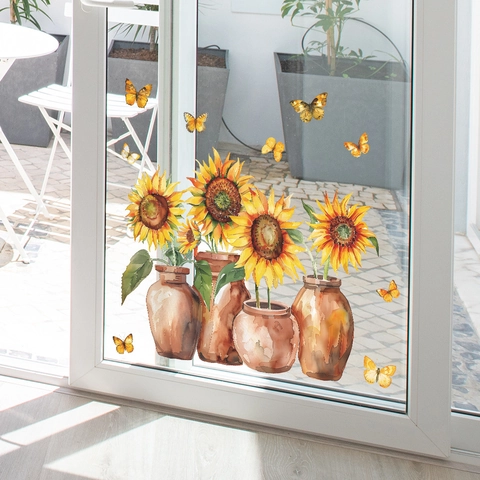 Aquarell Sonnenblume Schmetterling Statisch Haftend Fensteraufkleber PVC Glasdekor Für Wohnzimmer Haus Verschönerung Dekoration