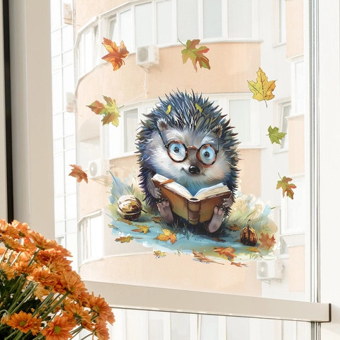 Cartoon Igel Liest Buch Fensteraufkleber Herbst Ahornblätter Statisch Haftend UV Druck Glastür Dekoration DIY Abnehmbar Heim Dekor