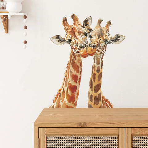 Watercolor Giraffe Couple Wall Sticker PVC Self Adhesive Cartoon Animal Decal For Kids Nursery Bedroom Living Room Decor