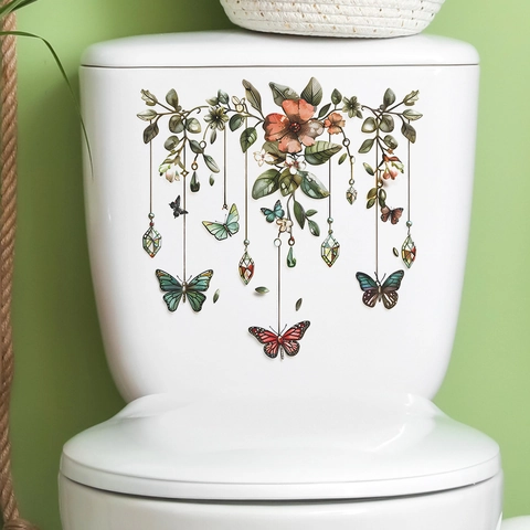 Groene Plant Bladeren Vlinders Bloem Toilet Sticker PVC Decoratieve Waterdichte Wandsticker Voor Badkamer Huis Decoratie