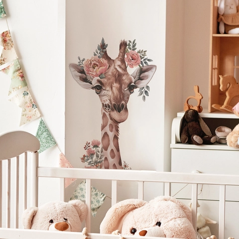 Cartoon Giraffe Rosa Blumen Wandtattoo Aquarell Tier PVC Selbstklebend Aufkleber Für Kinderzimmer Schlafzimmer Wohnzimmer Deko