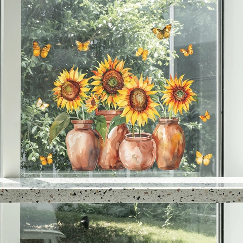 Aquarell Sonnenblume Schmetterling Statisch Haftend Fensteraufkleber PVC Glasdekor Für Wohnzimmer Haus Verschönerung Dekoration