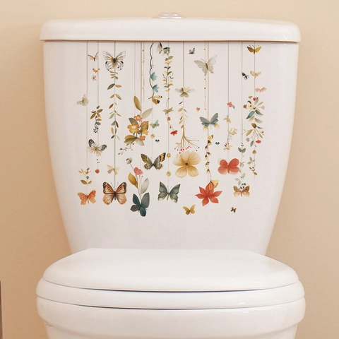 Adesivo per Inodoro Sospeso con Fiori e Farfalle Creative Adesivo in PVC Impermeabile per Bagno Decorazione Estetica Casa