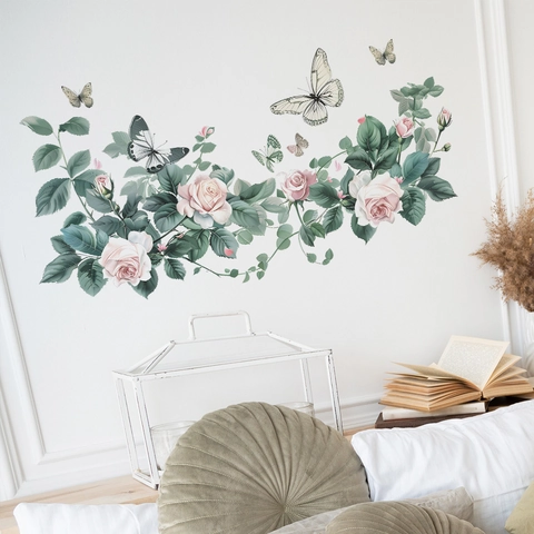 Aquarell Rosa Rose Blume Schmetterling Wandaufkleber PVC Abnehmbar DIY Kunst Für Schlafzimmer Wohnzimmer Haus Dekoration Wandbild