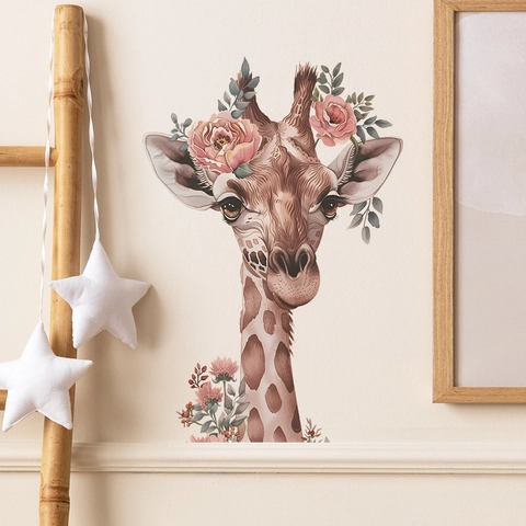 Cartoon Giraffe Rosa Blumen Wandtattoo Aquarell Tier PVC Selbstklebend Aufkleber Für Kinderzimmer Schlafzimmer Wohnzimmer Deko