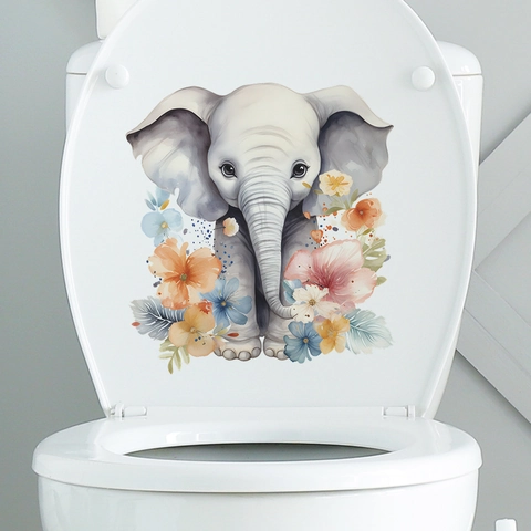 Aquarell Cartoon Elefant Mit Blumen Toilettensitz Aufkleber Badezimmer Wand Dekor Wasserdicht PVC Deko Aufkleber