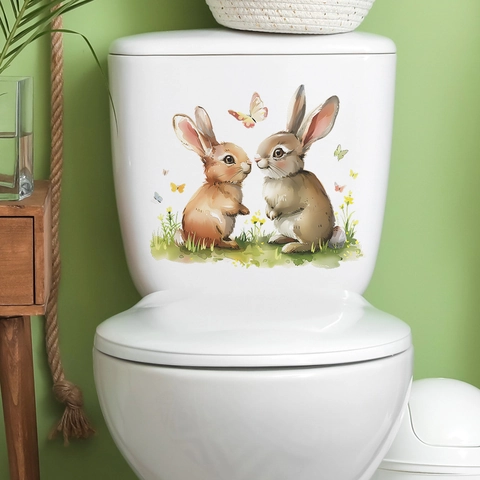 Leuke Aquarel Konijn Toiletsticker Waterdicht PVC Muursticker Voor Badkamer Huisdecoratie Cartoon Dier Bloem Sticker
