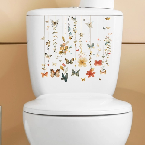 Adesivo per Inodoro Sospeso con Fiori e Farfalle Creative Adesivo in PVC Impermeabile per Bagno Decorazione Estetica Casa