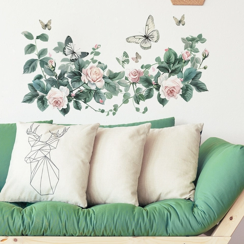 Aquarell Rosa Rose Blume Schmetterling Wandaufkleber PVC Abnehmbar DIY Kunst Für Schlafzimmer Wohnzimmer Haus Dekoration Wandbild