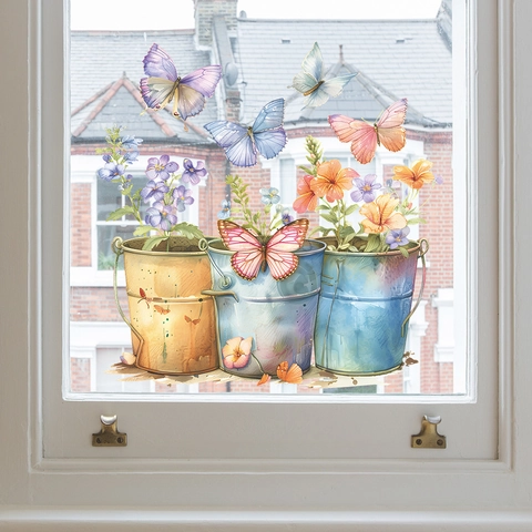 Aquarell Schmetterling Blumentopf Fensteraufkleber PVC Statisch Haftend Dekoratives Glas Tattoo Für Wohnzimmer Heimverschönerung