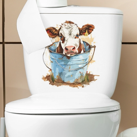 Süße Aquarell Kuh Im Blauen Eimer Toilettenaufkleber PVC Wasserdicht Deko Wandtattoo Für Badezimmer Heim WC Dekor