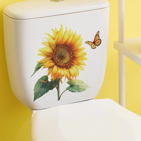 Pegatina de Inodoro Baño Girasol Mariposa PVC Impermeable Calcomanía de Pared para Decoración Moderno Simple Arte Hogar
