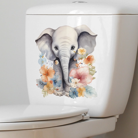 Aquarell Cartoon Elefant Mit Blumen Toilettensitz Aufkleber Badezimmer Wand Dekor Wasserdicht PVC Deko Aufkleber