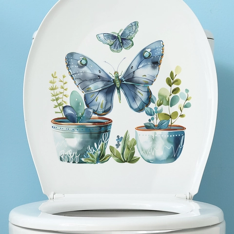 Adesivo per Coperchio del Gabinetto Farfalla Acquerello Piante Verdi in Vaso Impermeabile PVC Bagno Decalcomania Parete fun-m107