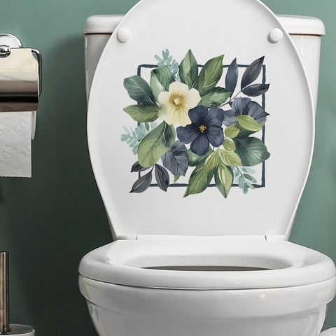 Aquarell Blumen Botanische Blatt Toilette Aufkleber aus PVC Wasserdichtes Dekoratives Wandtattoo für Badezimmer WC Verschönerung