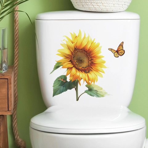 Pegatina de Inodoro Baño Girasol Mariposa PVC Impermeable Calcomanía de Pared para Decoración Moderno Simple Arte Hogar