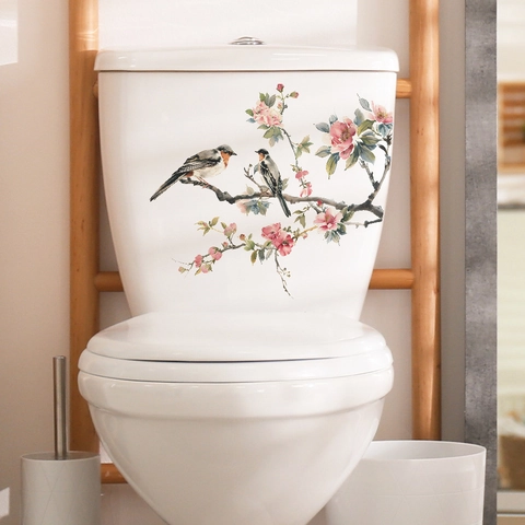 Autocollant De Toilettes Moderne Style Chinois Branches De Fleurs De Pêcher Et Oiseaux En PVC Imperméable Décoration Murale
