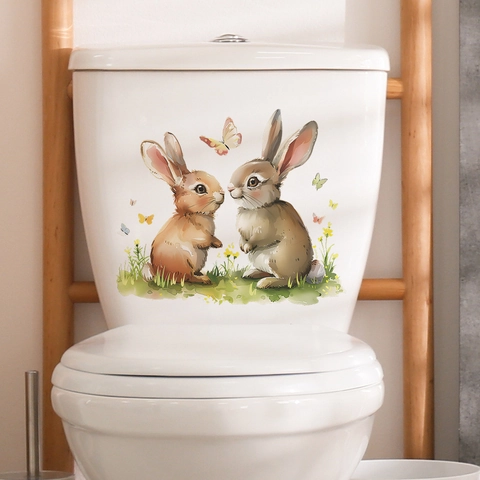 Leuke Aquarel Konijn Toiletsticker Waterdicht PVC Muursticker Voor Badkamer Huisdecoratie Cartoon Dier Bloem Sticker