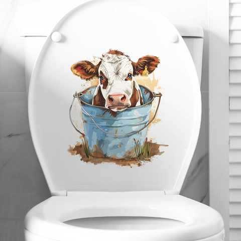 Süße Aquarell Kuh Im Blauen Eimer Toilettenaufkleber PVC Wasserdicht Deko Wandtattoo Für Badezimmer Heim WC Dekor