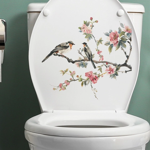 Autocollant De Toilettes Moderne Style Chinois Branches De Fleurs De Pêcher Et Oiseaux En PVC Imperméable Décoration Murale