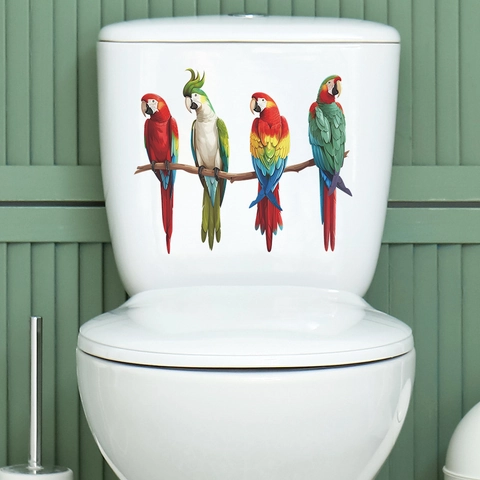 Colorful Parrot Family Toilet Sticker PVC Waterproof Wall Decal For Bathroom Lid Decoration Tropical Bird Branch Pattern
