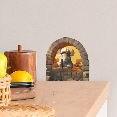 3D Mouse Hole Wall Stickers Cartoon Mouse Reading Cheese Theme PVC Waterproof Wall Decals For Home Decoration Living Room Bedroom