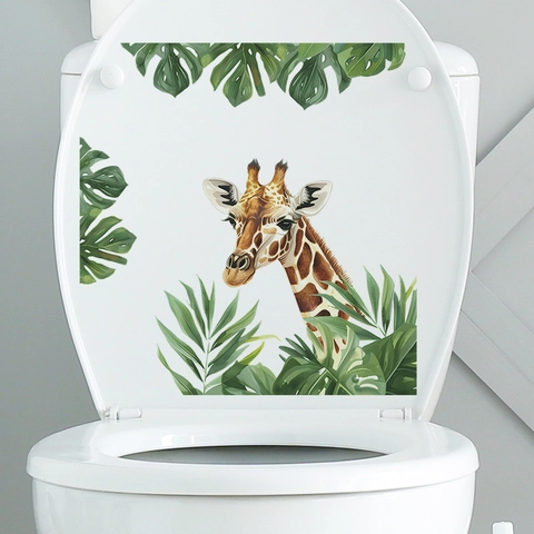 Tropical Giraffe Monstera Leaves Toilet Sticker Waterproof PVC Wall Decal For Bathroom Home Decor Nature Animal Art Decal