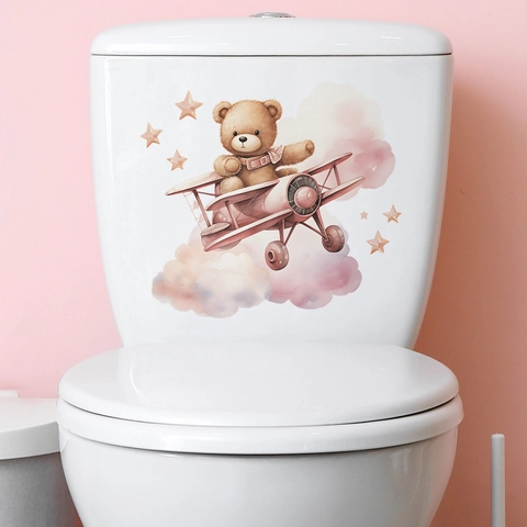 Adesivo per WC con Orsetto Cartone Animato in Aereo Nuvole Stelle Acquerello PVC Impermeabile per Bagno Decorazione Casa