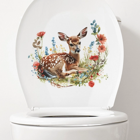 Sticker Toilettes en PVC Imperméable Cerf Sika Fleurs Aquarelle Animale Dessin Animé Autocollant de Salle de Bain Amovible Décor