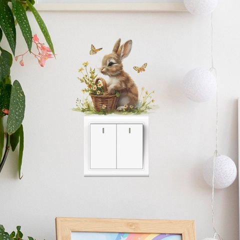 Simpatico Adesivo da Parete a Forma di Coniglietto Con Cesto di Fiori Adesivo per Interruttore in PVC Removibile per Casa