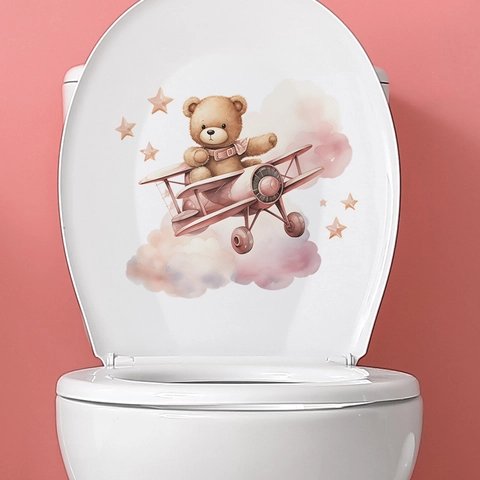 Adesivo per WC con Orsetto Cartone Animato in Aereo Nuvole Stelle Acquerello PVC Impermeabile per Bagno Decorazione Casa
