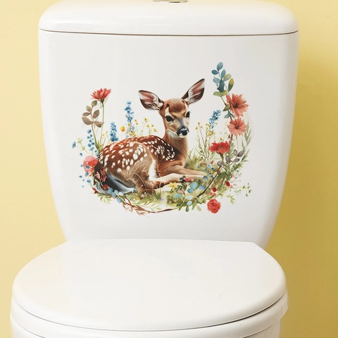 Sticker Toilettes en PVC Imperméable Cerf Sika Fleurs Aquarelle Animale Dessin Animé Autocollant de Salle de Bain Amovible Décor
