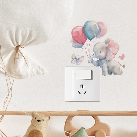 Adesivo per Interruttore Elefante Acquerello Palloncino Decalcomania da Muro Cartone Animato Per Cameretta Bambini PVC Autoadesivo