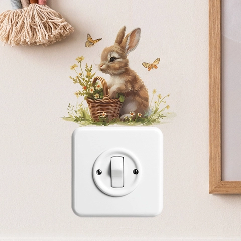 Simpatico Adesivo da Parete a Forma di Coniglietto Con Cesto di Fiori Adesivo per Interruttore in PVC Removibile per Casa