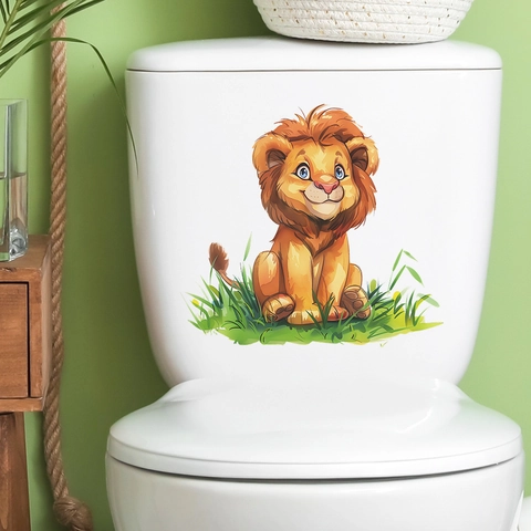 Cartoon Lion Sitting In Grass Toilet Sticker PVC Waterproof Removable Bathroom Wall Decal For Home Decoration fun-m118