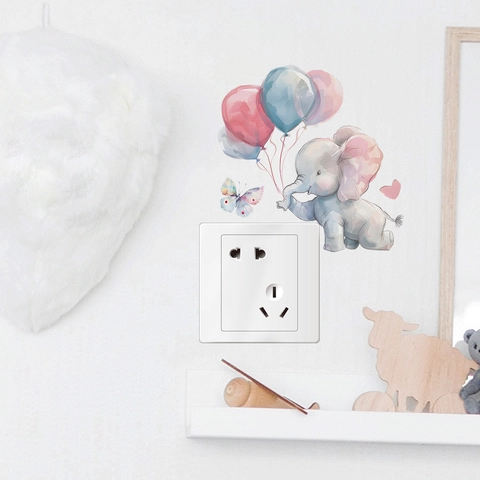Adesivo per Interruttore Elefante Acquerello Palloncino Decalcomania da Muro Cartone Animato Per Cameretta Bambini PVC Autoadesivo