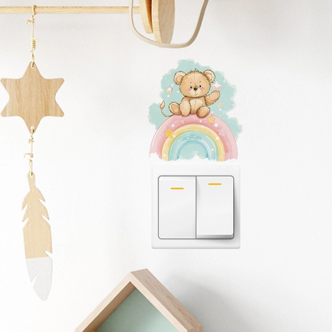 Cartoon Rainbow Bear Switch Sticker PVC Self-Adhesive Wall Decal For Kids Room Bedroom Home Decorative Switch Outlet Cover