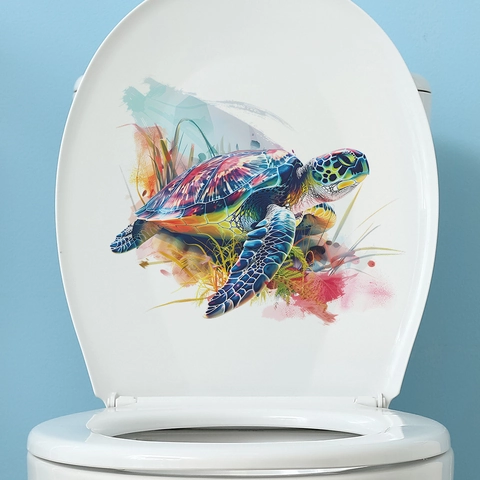 Pegatina de Inodoro de Tortuga Marina Colorida PVC Impermeable Calcomanía de Pared Artística para Baño de Hogar
