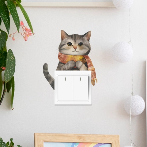 Adesivo da Parete Creativo Gatto per Interruttore Luce PVC Cartoon Gattino con Sciarpa per Camera Bambini Soggiorno Casa