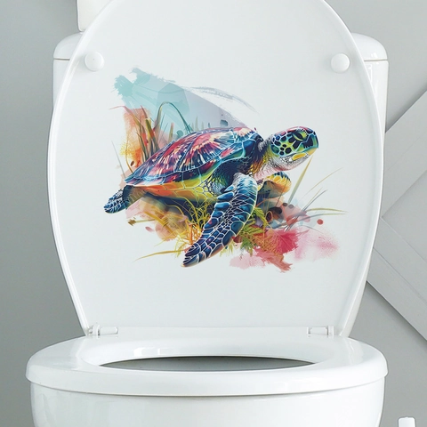 Pegatina de Inodoro de Tortuga Marina Colorida PVC Impermeable Calcomanía de Pared Artística para Baño de Hogar