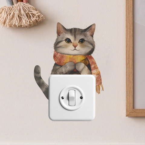 Adesivo da Parete Creativo Gatto per Interruttore Luce PVC Cartoon Gattino con Sciarpa per Camera Bambini Soggiorno Casa