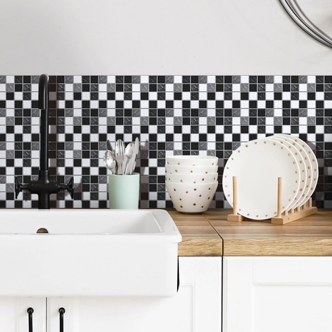 Schwarz Weiß Grau Mosaik Fliesenaufkleber PVC Wasserdicht Ölbeständig Selbstklebende Wandtattoos Für Küche Bad Heimdekor