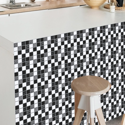 Schwarz Weiß Grau Mosaik Fliesenaufkleber PVC Wasserdicht Ölbeständig Selbstklebende Wandtattoos Für Küche Bad Heimdekor