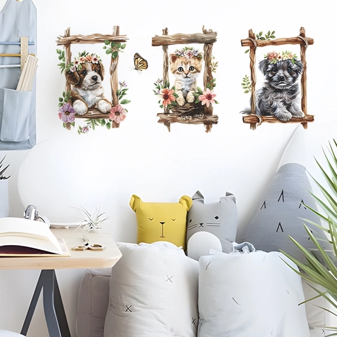 Pegatinas De Pared De Animales De Dibujos Animados Con Guirnaldas De Flores Gato Y Perro PVC Calcomanías Decorativas Para Niños