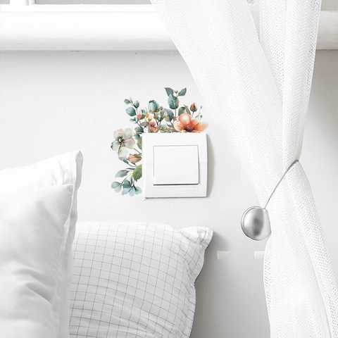 Pegatina de Pared para Interruptor de Luz Plantas Verdes Flores Acuarela PVC Autoadhesiva Removible Calcomanía Decorativa Hogar