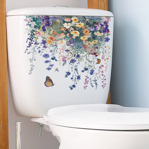 Lot de Stickers de Toilettes Fleurs et Papillons Peints Colorés en PVC Imperméable Amovible Décoration Murale de Salle de Bain