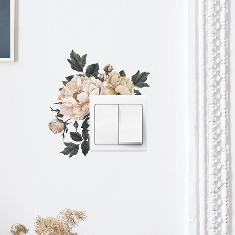 Adesivo Murale con Fiore di Peonia Retrò per Interruttore della Luce Presa Decorativo in PVC Floreale per Soggiorno Camera